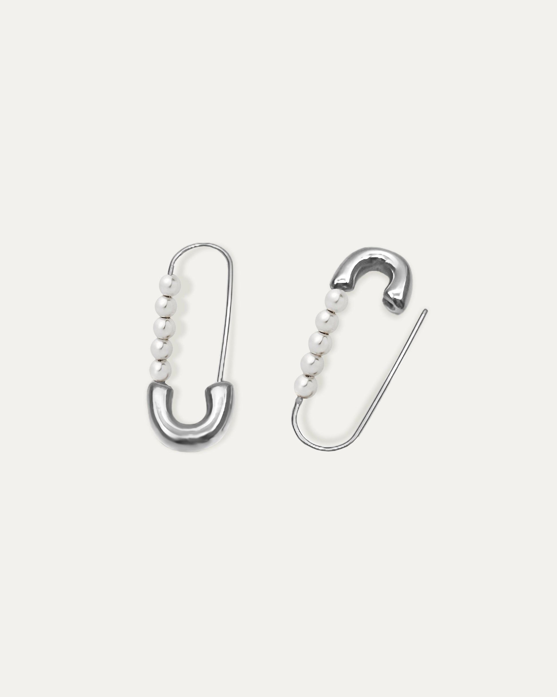 Pearl Silver Safety Pin Earrings